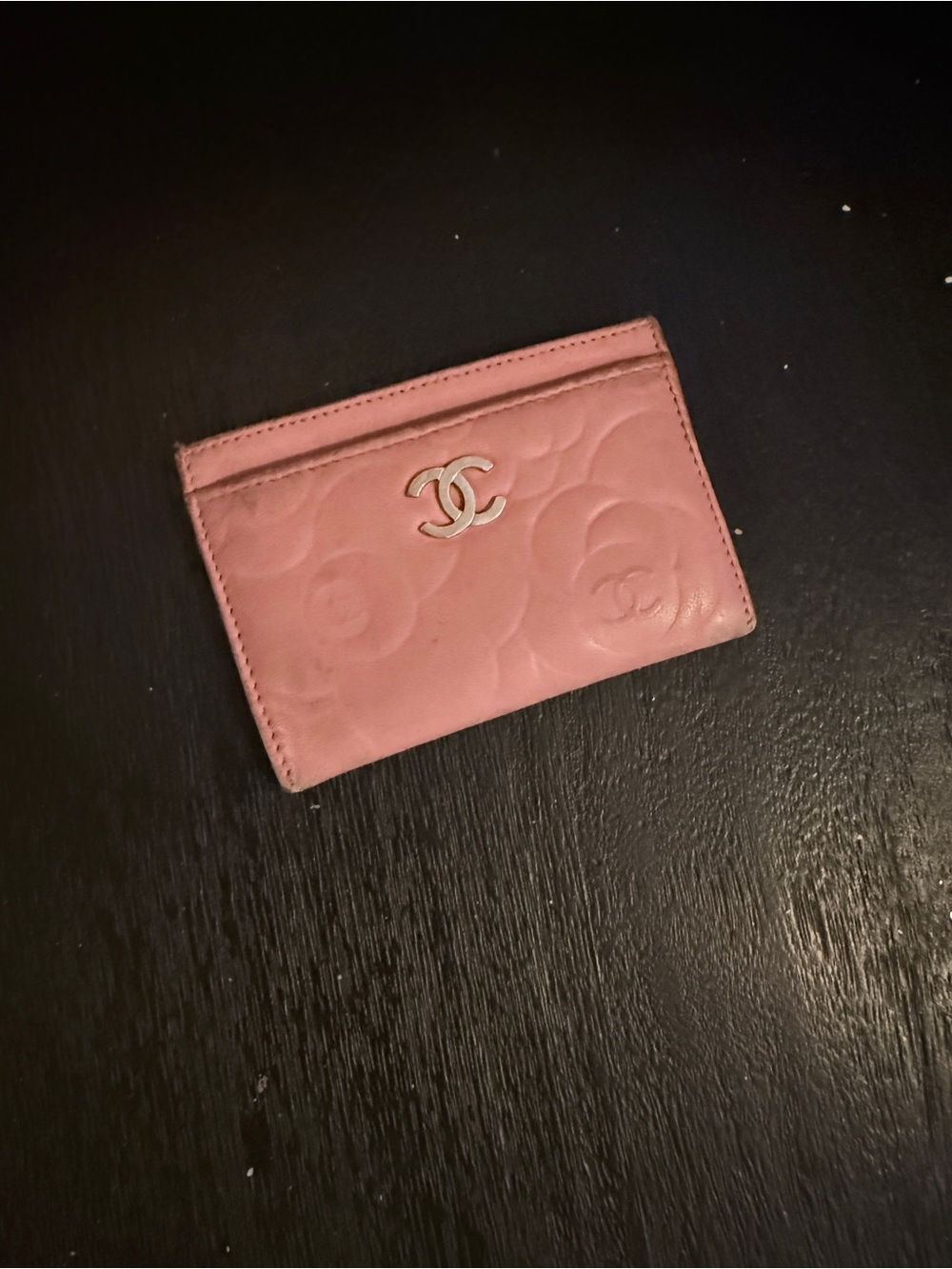 CHANEL Pink Quilted Camellia Card Holder with Silver CC